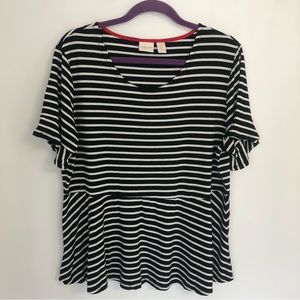 CHICO’S Women’s Black/White Striped Short Ruffled Sleeve Blouse Size 3